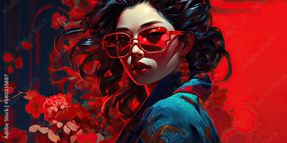a woman dressed in traditional Japanese clothing with glasses, generative AI a woman dressed in traditional Japanese clothing with glasses, generative AI