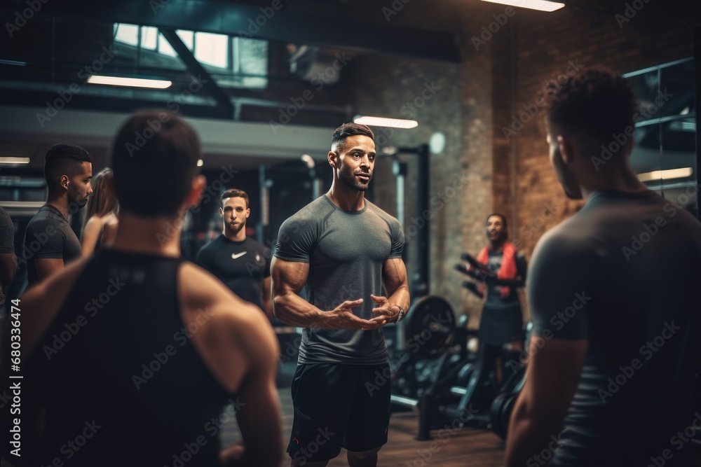A fitness trainer coaching a group in a gym, highlighting health and wellness.