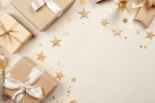 Beige backdrop with a variety of Christmas presents, flat lay design, space for text, holiday concept.