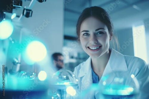 Cheerful young female scientist in white lab coat, modern laboratory, innovative medical research, team of experts working
