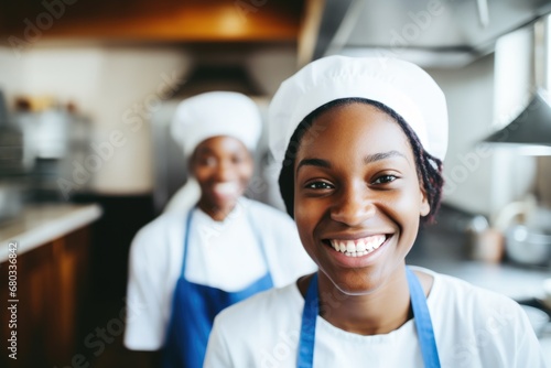 Smiling young black female restaurant kitchen workers looking at the camera