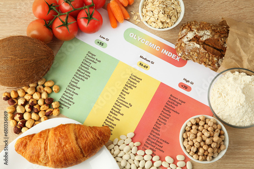 Glycemic index chart surrounded by different products on wooden table, flat lay