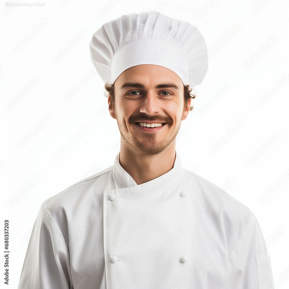 Culinary Joy: Smiling Male Chef Portrayed Against a White Background. Generative ai Culinary Joy: Smiling Male Chef Portrayed Against a White Background. Generative ai