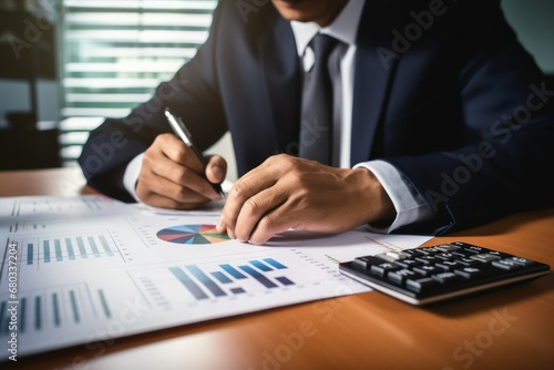 Financial advisor using a calculator and financial charts to plan for increased interest rates. photo