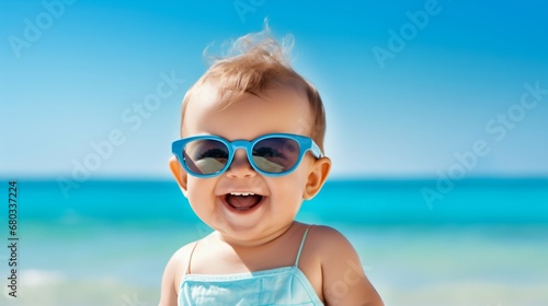 Happy Smiling Baby in Sunglasses Enjoying Summer Vacation by the Sea. Generative ai