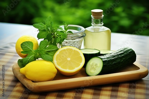Fresh ingredients like cucumber and lemon for homemade skin treatments.