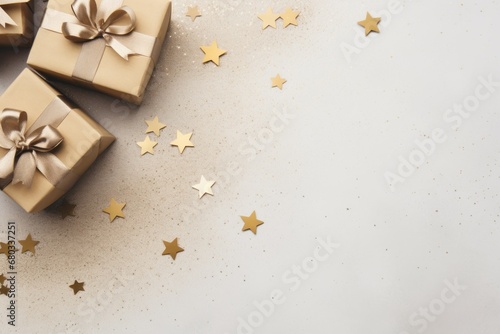 Flat lay of festive gifts on beige surface, Christmas theme, space for holiday greetings, top view composition.