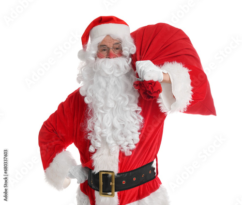 Man in Santa Claus costume with bag posing on white background