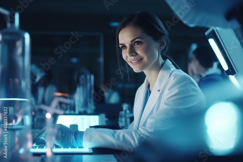 Positive young female researcher in lab, scientific analysis, white coat, modern technology, collaborative team, medical advancement.