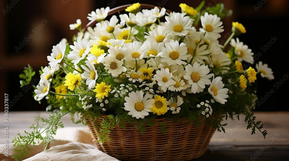 A rustic basket filled with fragrant daisies
