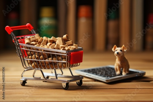 Tiny cart with miniature pet supplies in front of a laptop on a pet store website. photo