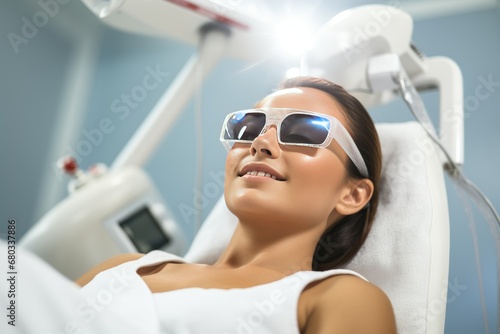 Young adult experiencing a professional laser skin treatment in a clinic.