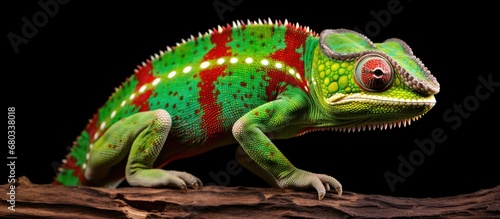 In the wilds of Madagascar, a striking Furcifer lizard known as a Chameleon, with vivid green and neon-red skin, prowls the isolated white background, its vibrant colors showcasing the remarkable