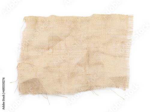 Piece of burlap fabric isolated on white, top view