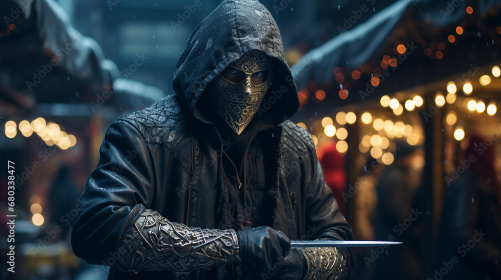 Young man in black hooded jacket and mask stands in dark alley, holding knife. Focused and determined, anticipating action