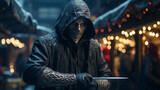 Young man in black hooded jacket and mask stands in dark alley, holding knife. Focused and determined, anticipating action