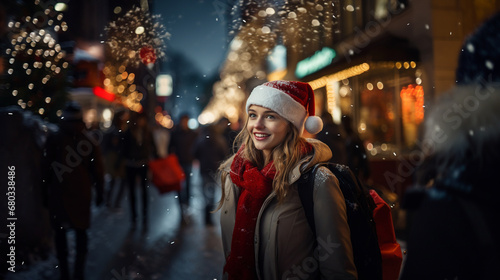 Young woman in Santa hat walks snowy street at night, smiling. Festive atmosphere with bustling activity captures holiday essence