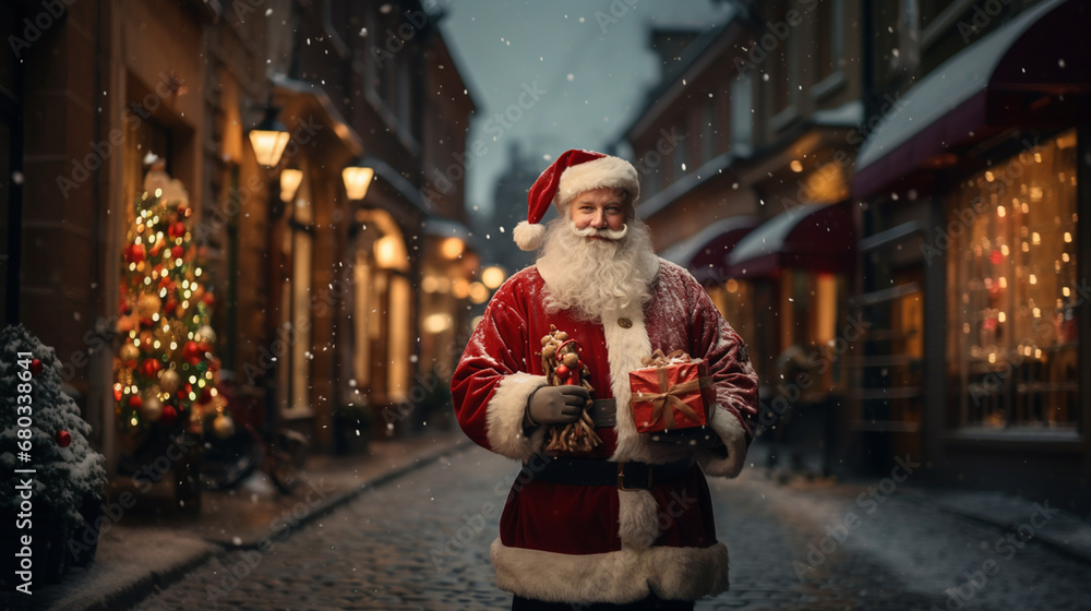 Middle-aged man, Santa Claus, walks snowy city street spreading holiday cheer. Joyful and warm atmosphere in festive scene.
