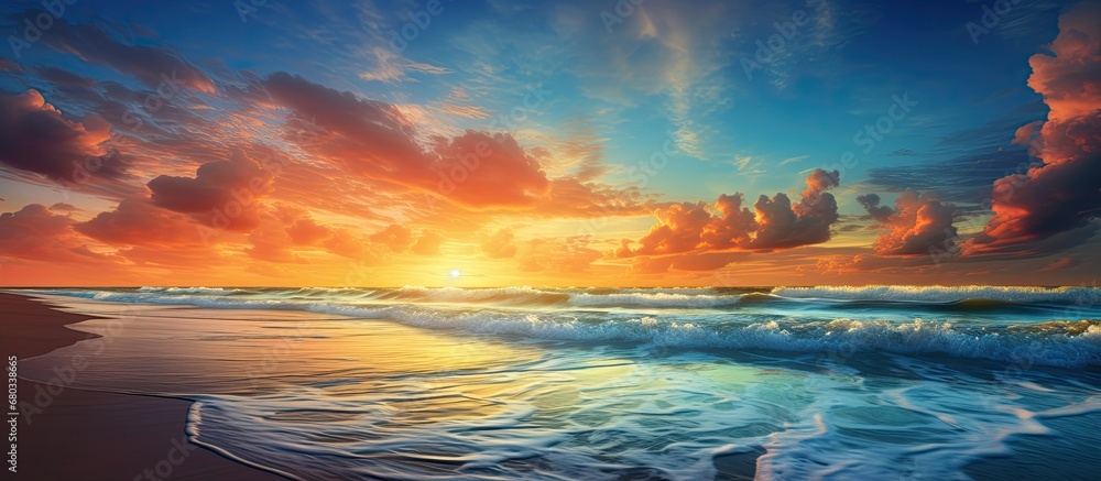 As the sun slowly sets on the horizon, casting a warm, golden glow across the beach, the hand of nature paints a breathtaking landscape of beauty, with the sky turning various shades of blue