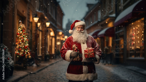 Middle-aged man, Santa Claus, walks snowy city street spreading holiday cheer. Joyful and warm atmosphere in festive scene. © wetzkaz