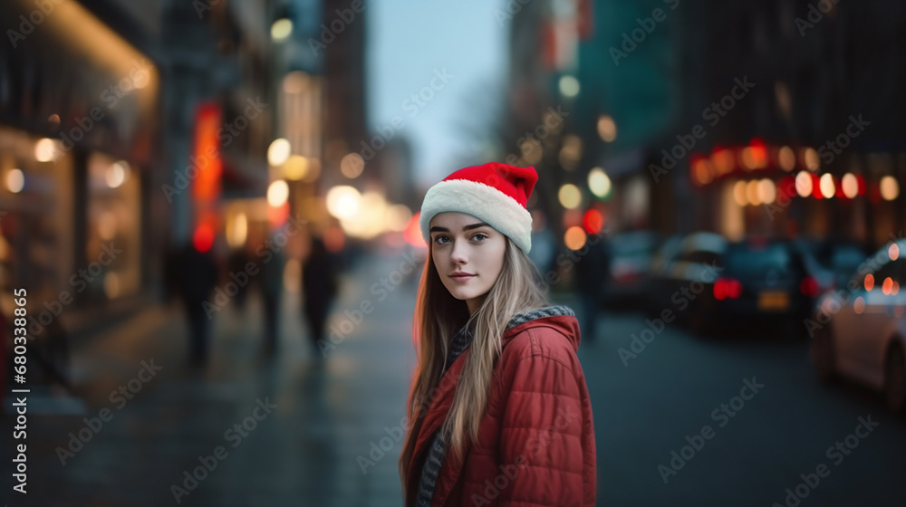 festive blonde woman in red coat and Santa hat enjoys holiday cheer in lively city street, contributing to a festive atmosphere. festive blonde woman in red coat and Santa hat enjoys holiday cheer in lively city street, contributing to a festive atmosphere.