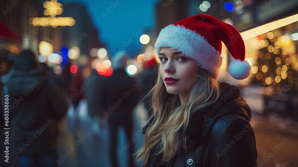 blonde woman in Santa hat smiles in lively city street at night, surrounded by festive crowd, capturing holiday joy.
