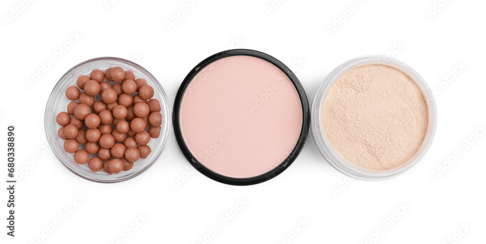 Different face powders isolated on white, top view Different face powders isolated on white, top view