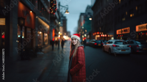 festive blonde woman in red coat and Santa hat enjoys holiday cheer in lively city street, contributing to a festive atmosphere. © wetzkaz