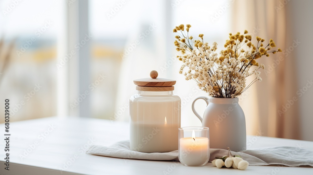 Flowers in vase and buring candles at home, cosy winter interior home decor, calm and relax living mockup arrangement, Generative ai Flowers in vase and buring candles at home, cosy winter interior home decor, calm and relax living mockup arrangement, Generative ai