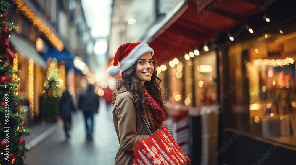 christmas morning shopping, multiracial woman in city side street, fictional location
