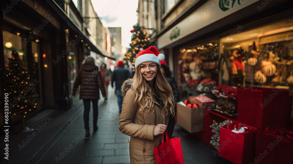 blonde woman in santa hat walks festive street, holding shopping bag, capturing holiday cheer with people in the background