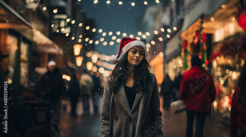 christmas evening shopping, multiracial woman in city side street, fictional location