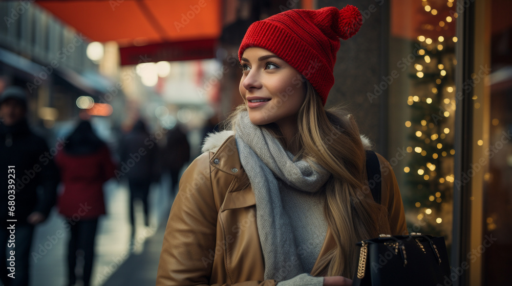 young woman in red beanie and grey scarf smiling on city street with Christmas lights, surrounded by cheerful people outdoors