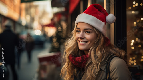 festive blonde woman in san...