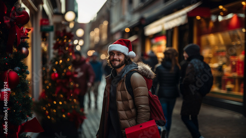 festive young man in santa hat and backpack walking street, smiling at the camera, capturing cheerful holiday atmosphere and lively mood.
