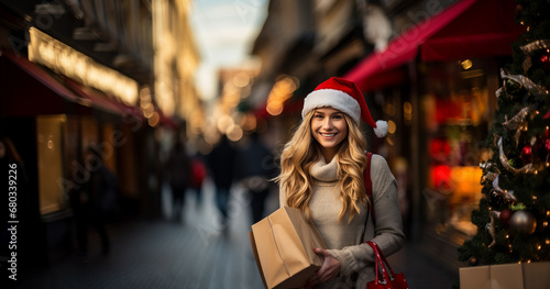 festive blonde woman in santa hat walking busy street with shopping bag, capturing joyful holiday atmosphere © wetzkaz