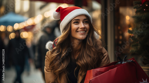 festive woman in santa hat ...