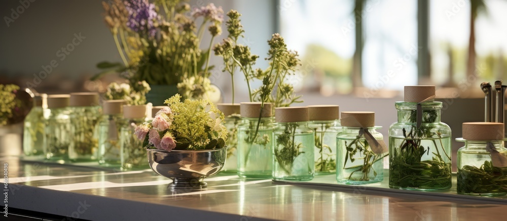 In the serene spa, the shelves were adorned with glass bottles of rejuvenating rose oil, while the scent of fresh flowers and green tea filled the air, transporting clients to a transcendent state of