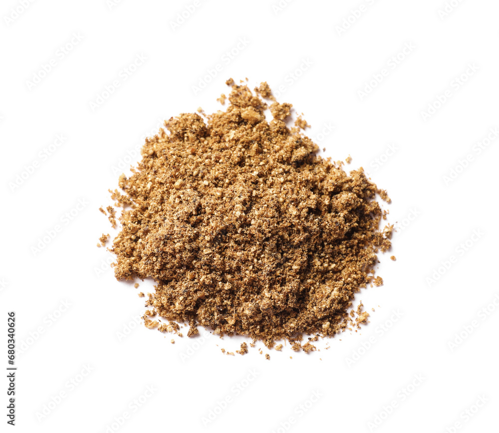 Heap of aromatic caraway (Persian cumin) powder isolated on white, top view Heap of aromatic caraway (Persian cumin) powder isolated on white, top view