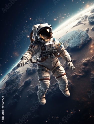 An astronaut floating in space with the earth in the background. Generative AI.