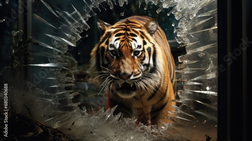 A tiger walking through a broken glass window. Generative AI.