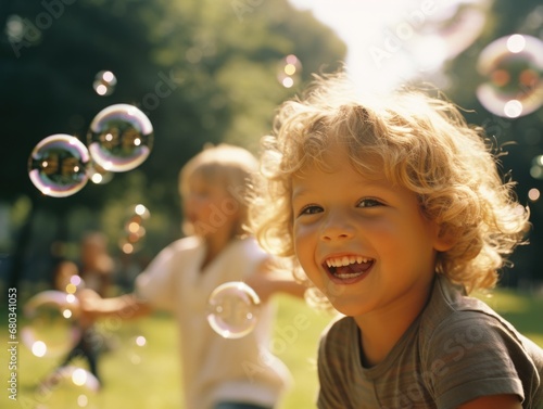 Two children playing with soap bubbles in a park. Generative AI.