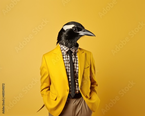 A black bird wearing a yellow jacket and tie. Generative AI.