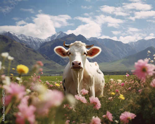 A cow is standing in a field of flowers. Generative AI.