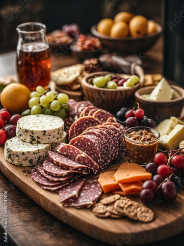 Charcuterie Board, beautifully arranged platter typically featuring a variety of cured meats, cheeses, fruits, nuts, spreads, and often accompanied by bread or crackers.