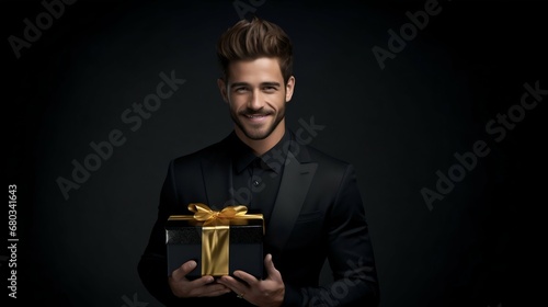 Sleek Elegance: Attractive Male Model with Black Gift Box for Black Friday. Generative ai © Scrudje