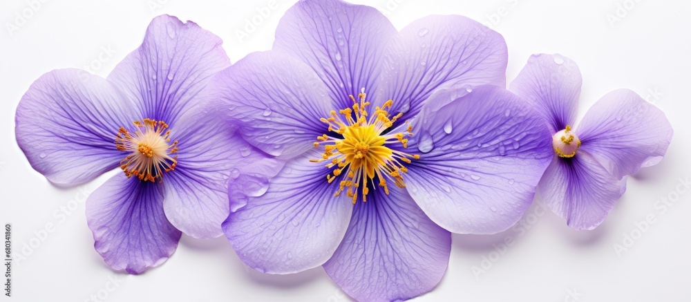 In the macro closeup, the isolated flower with purple petals bloomed beautifully against the white background, showcasing its ornamental nature in vibrant shades of white, yellow, and green, emanating