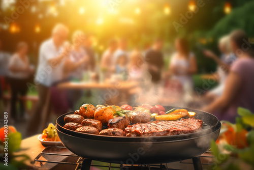 group of people grilled meats and vegetables on a backyard BBQ grill