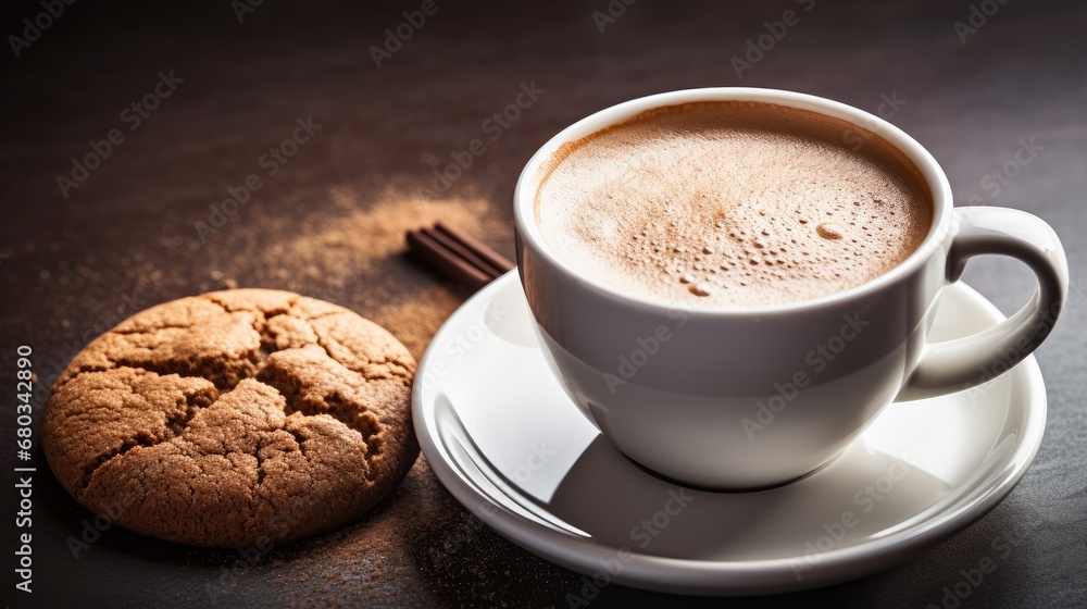 Breakfast coffee in white mug and cookies high view AI generated illustration Breakfast coffee in white mug and cookies high view AI generated illustration