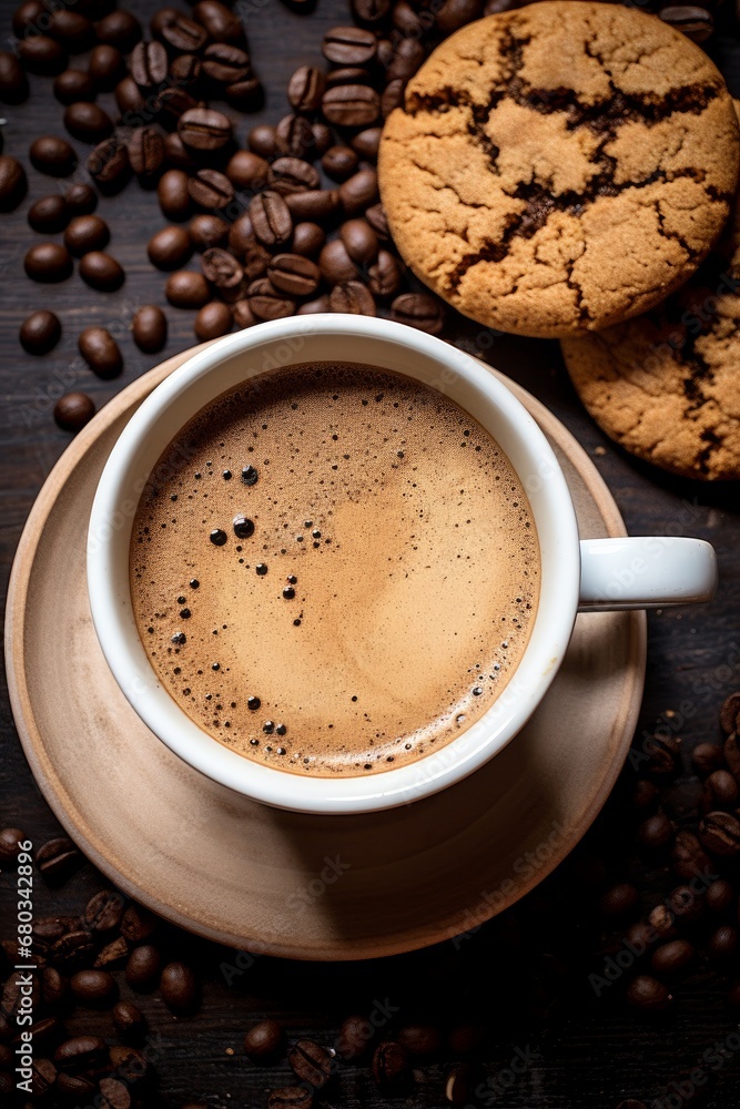 Breakfast coffee in white mug and cookies high view AI generated illustration Breakfast coffee in white mug and cookies high view AI generated illustration
